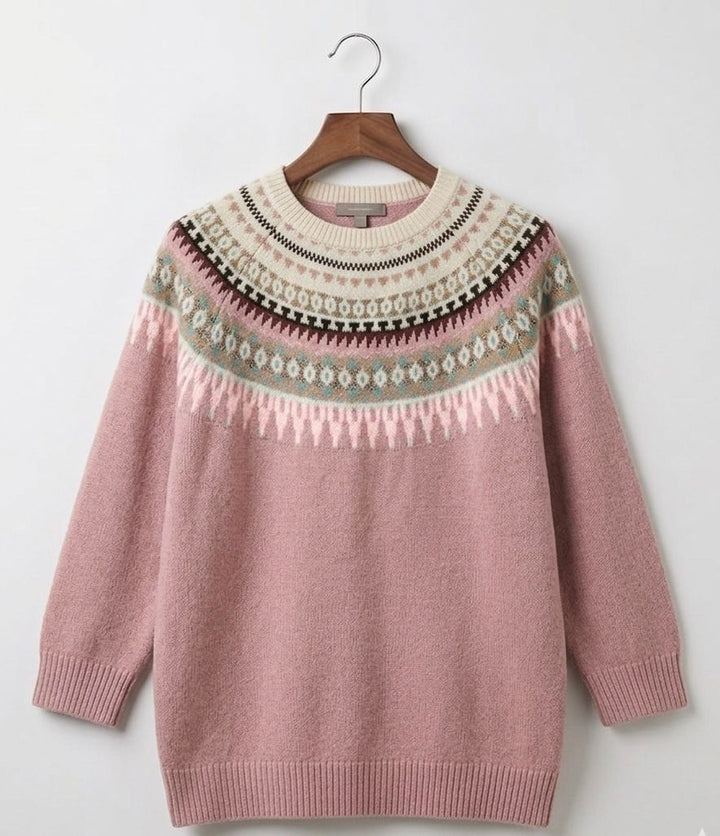 Pink Fair Isle knit jumper with crew neck and long sleeves