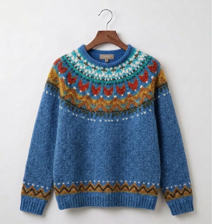 Blue knit jumper with vintage fair isle yoke and long sleeves