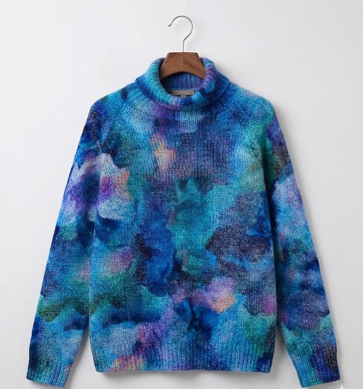Blue tie-dye turtleneck knit jumper with long sleeves and ribbed collar