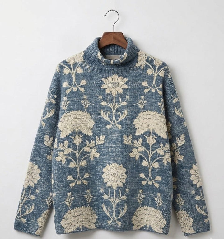 Blue textured turtleneck jumper with cream floral damask pattern and long sleeves