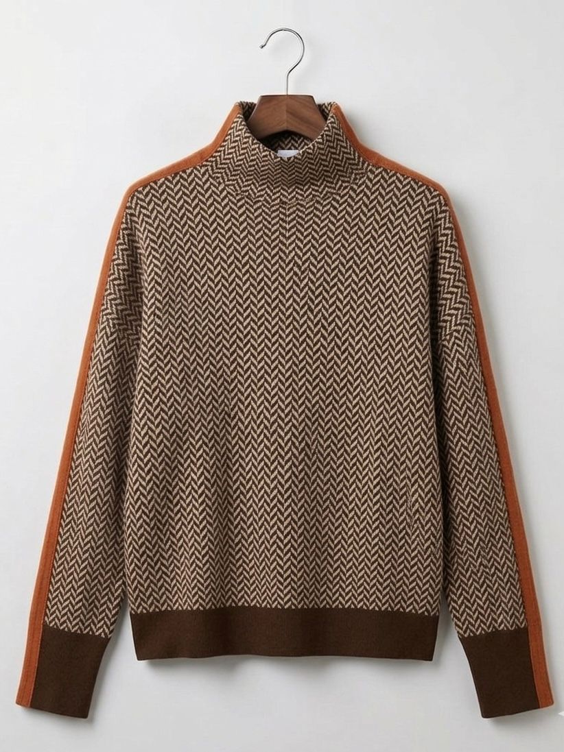 Women’s roll neck jumper, chevron knit with brown hem and orange contrast sleeves