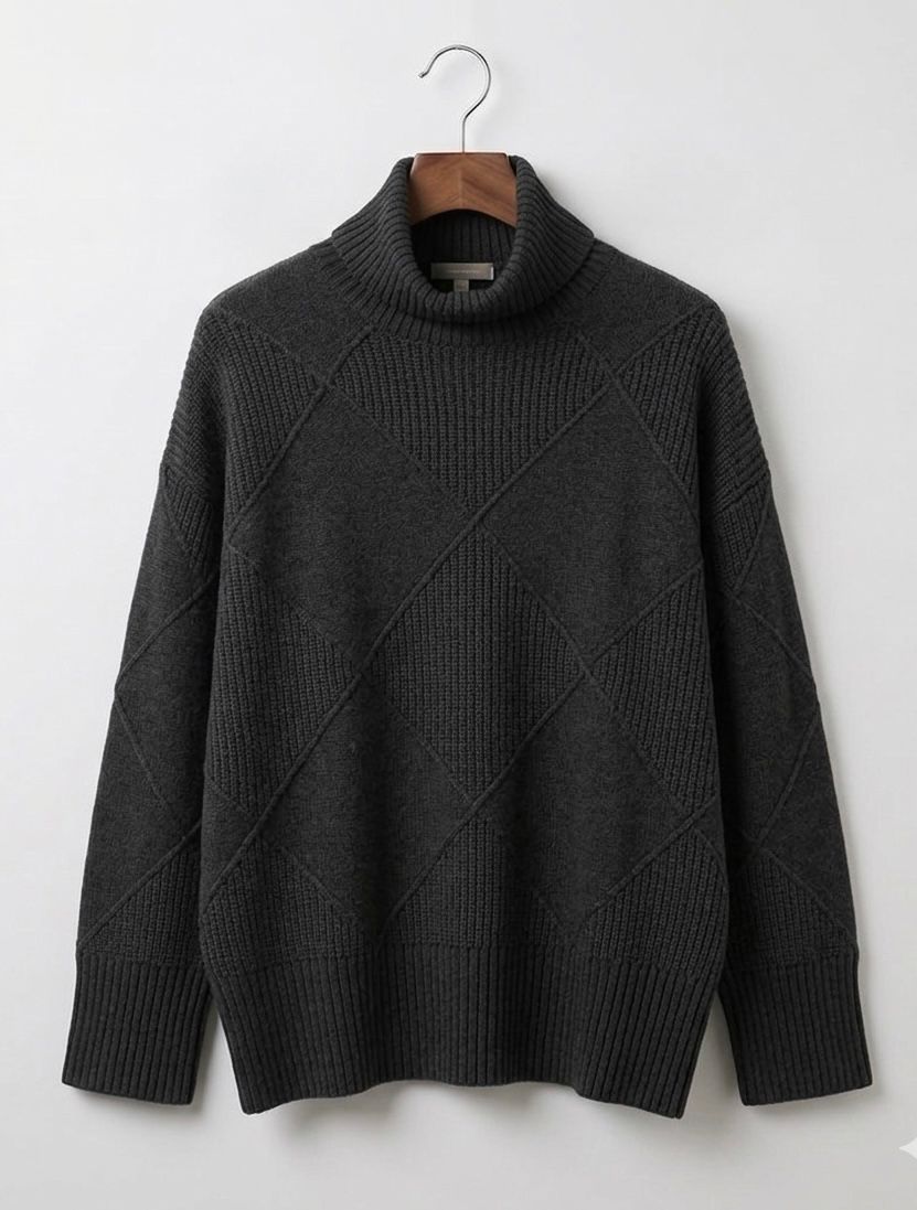 Black ribbed turtleneck knit jumper with diamond-pattern panel and long sleeves