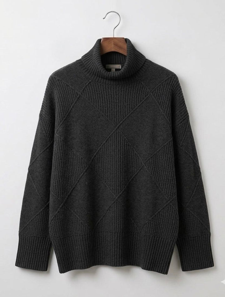 Dark gray turtleneck jumper with ribbed neck and diamond knit panels