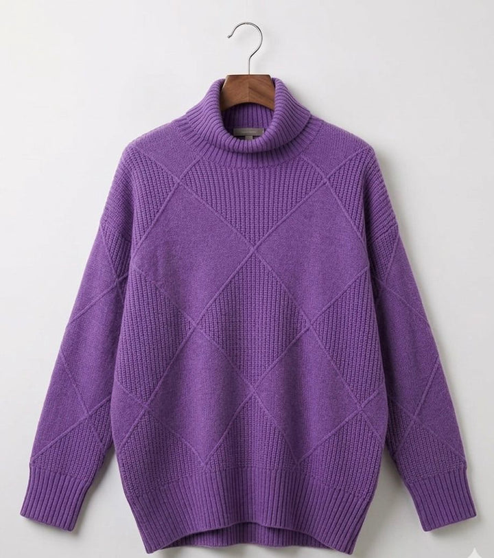 Violet turtleneck jumper sweater with diamond knit pattern