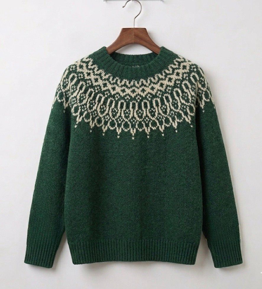 Tundra™ green vintage knit jumper with fair isle yoke and ribbed crew neckline