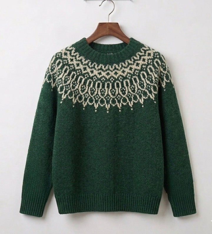 Tundra™ green vintage knit jumper with fair isle yoke and ribbed crew neckline