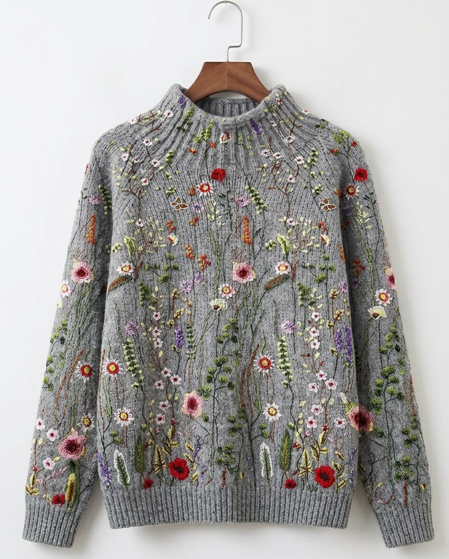 Grey knit jumper with multicolor vintage floral embroidery, ribbed high neck and cuffs