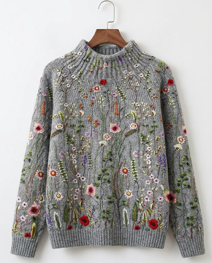 Grey knit jumper with multicolor vintage floral embroidery, ribbed high neck and cuffs