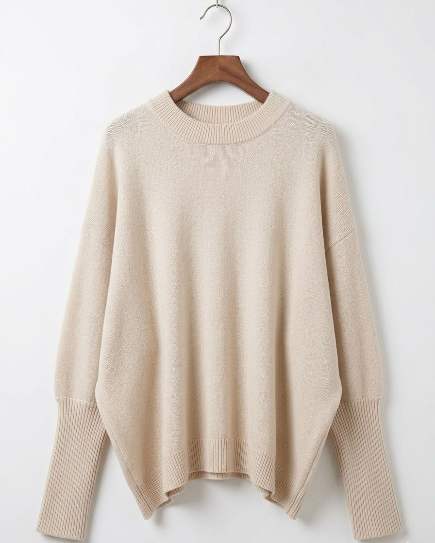 Beige oversized wool-blend jumper with ribbed crew neck and cuffs