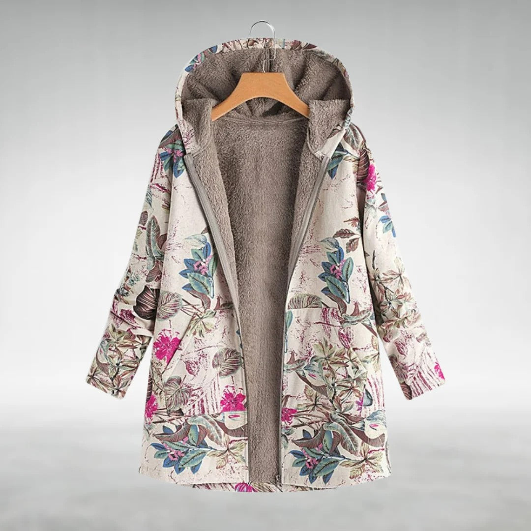 Floral fleece jacket with white base, multicolor botanicals, gray hood lining, zip front