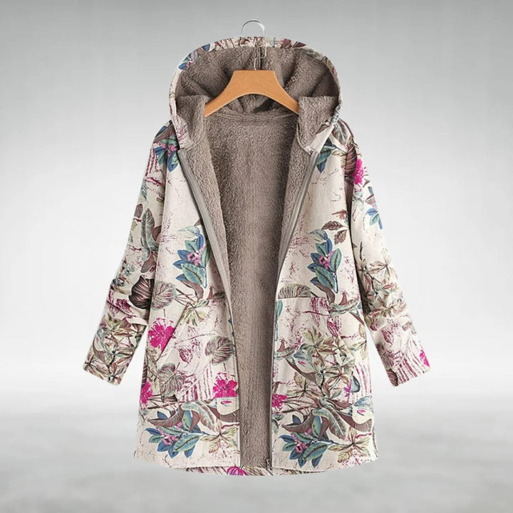 Floral fleece jacket with white base, multicolor botanicals, gray hood lining, zip front