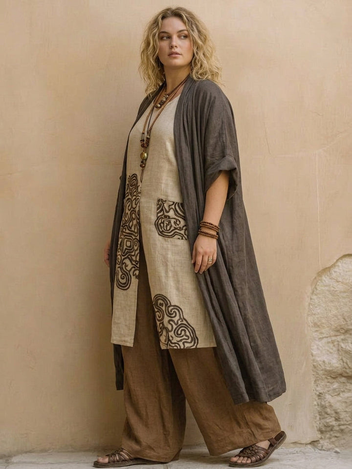 Sophie | Dark Gray &amp; Brown Tribal Print Three-Piece Set