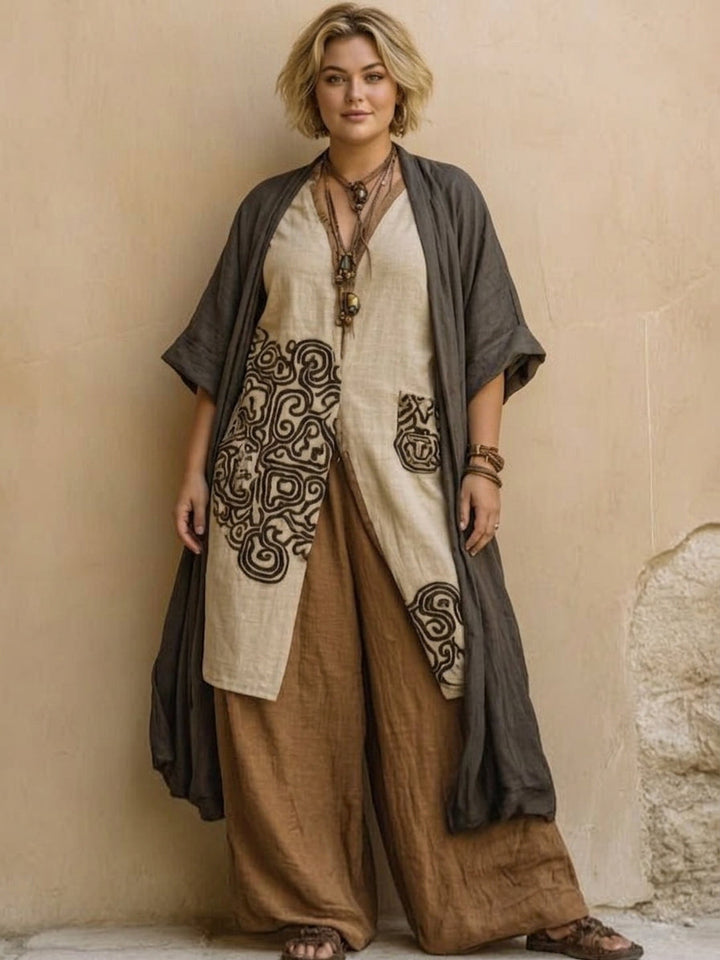 Sophie | Dark Gray &amp; Brown Tribal Print Three-Piece Set