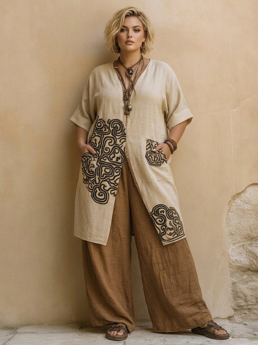 Sophie | Dark Gray &amp; Brown Tribal Print Three-Piece Set