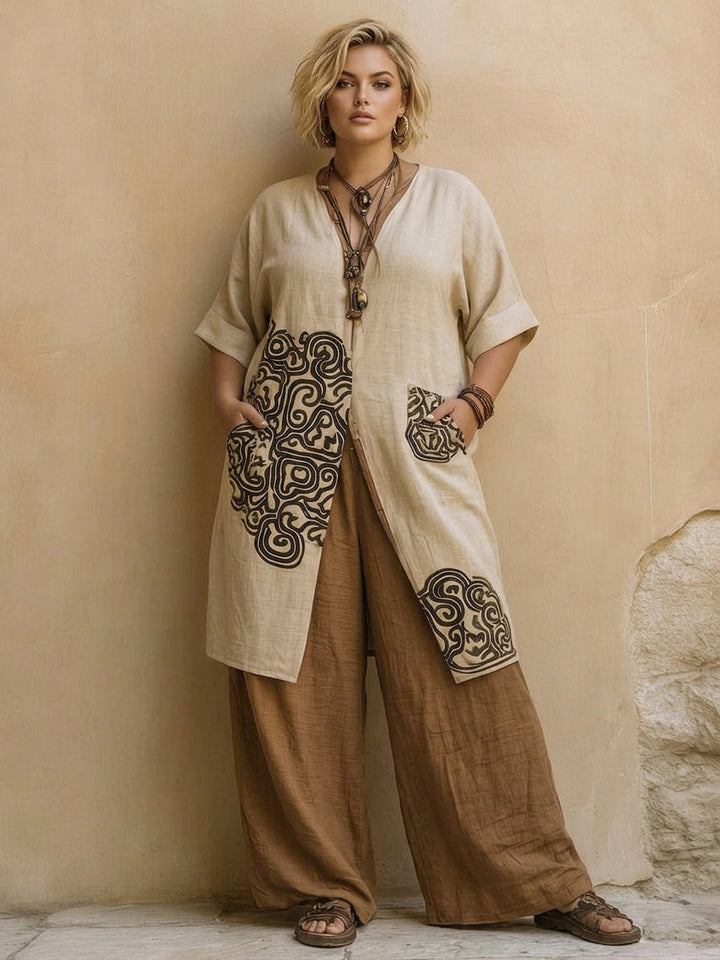 Sophie | Dark Gray &amp; Brown Tribal Print Three-Piece Set