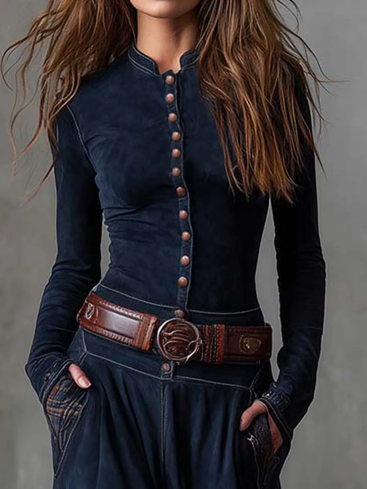 Navy faux suede maxi dress close-up with button placket and brown belt at waist.