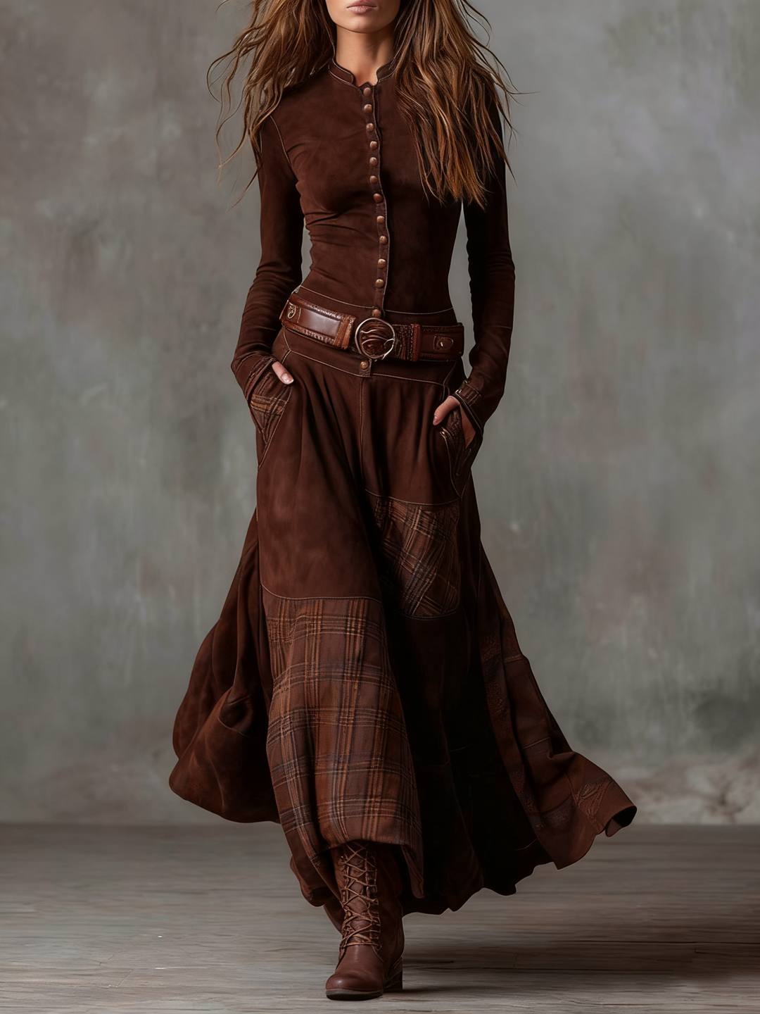Brown faux suede maxi dress with long sleeves, button front, patchwork plaid panels.