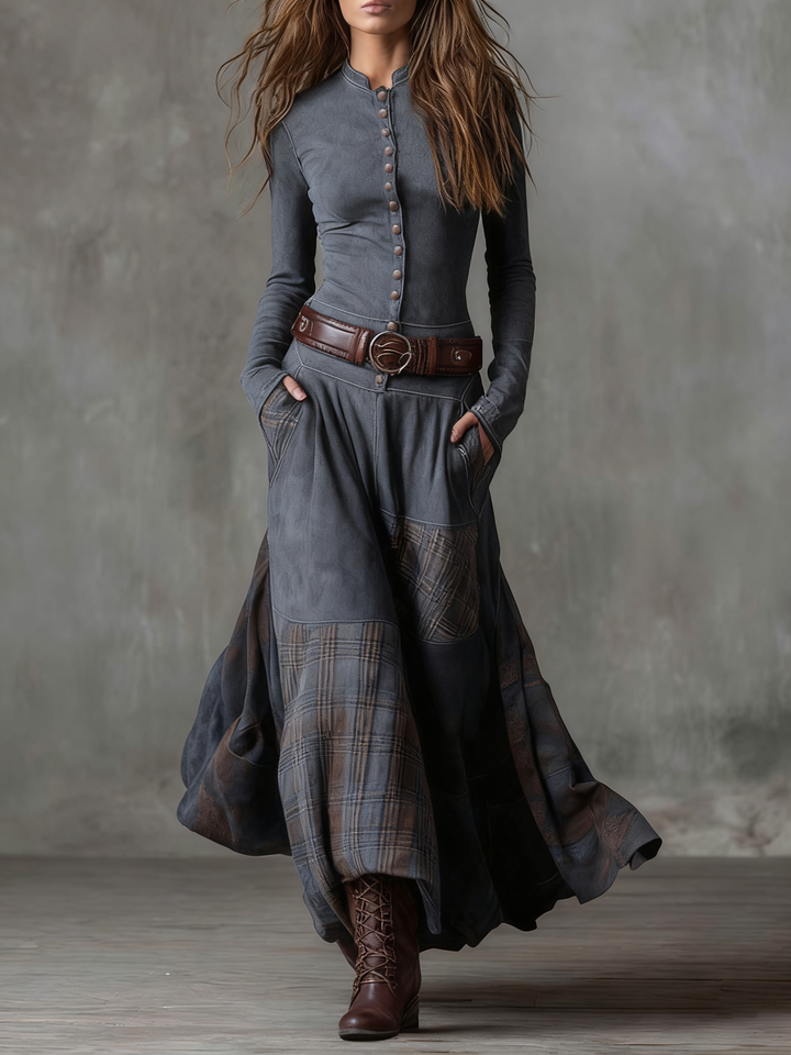 Grey faux suede maxi dress with long sleeves, button front, patchwork plaid skirt panels.