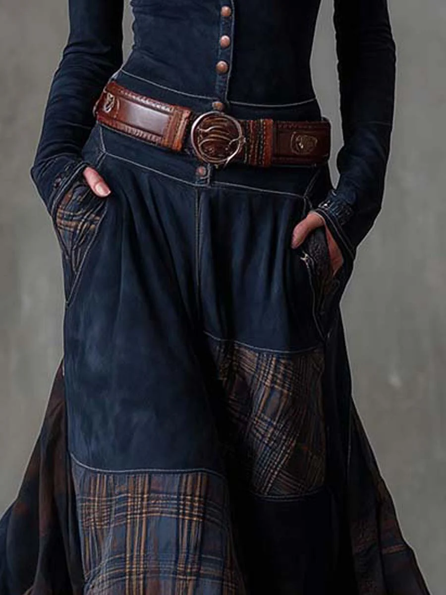 Navy faux suede maxi dress detail: button front, patchwork plaid panels, belt at waist.