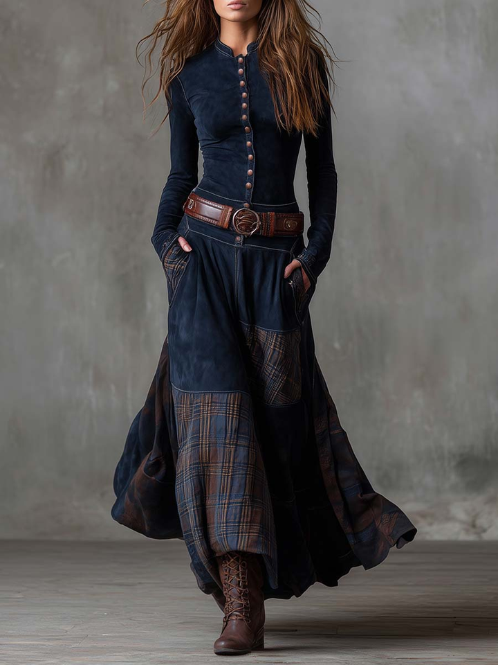 Navy faux suede maxi dress with button-front bodice, patchwork plaid panels, belt.
