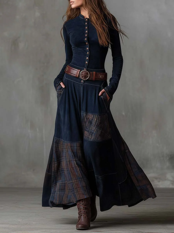 Navy faux suede maxi dress with long sleeves, button-front, layered plaid patchwork.