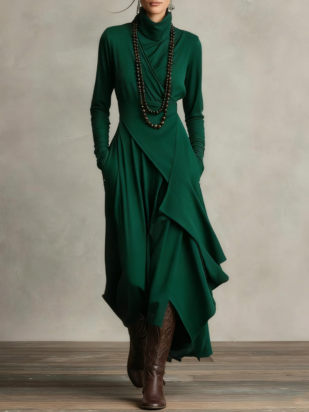 Lily™ high-neck asymmetric maxi dress, dark green, long sleeves, layered drape hem