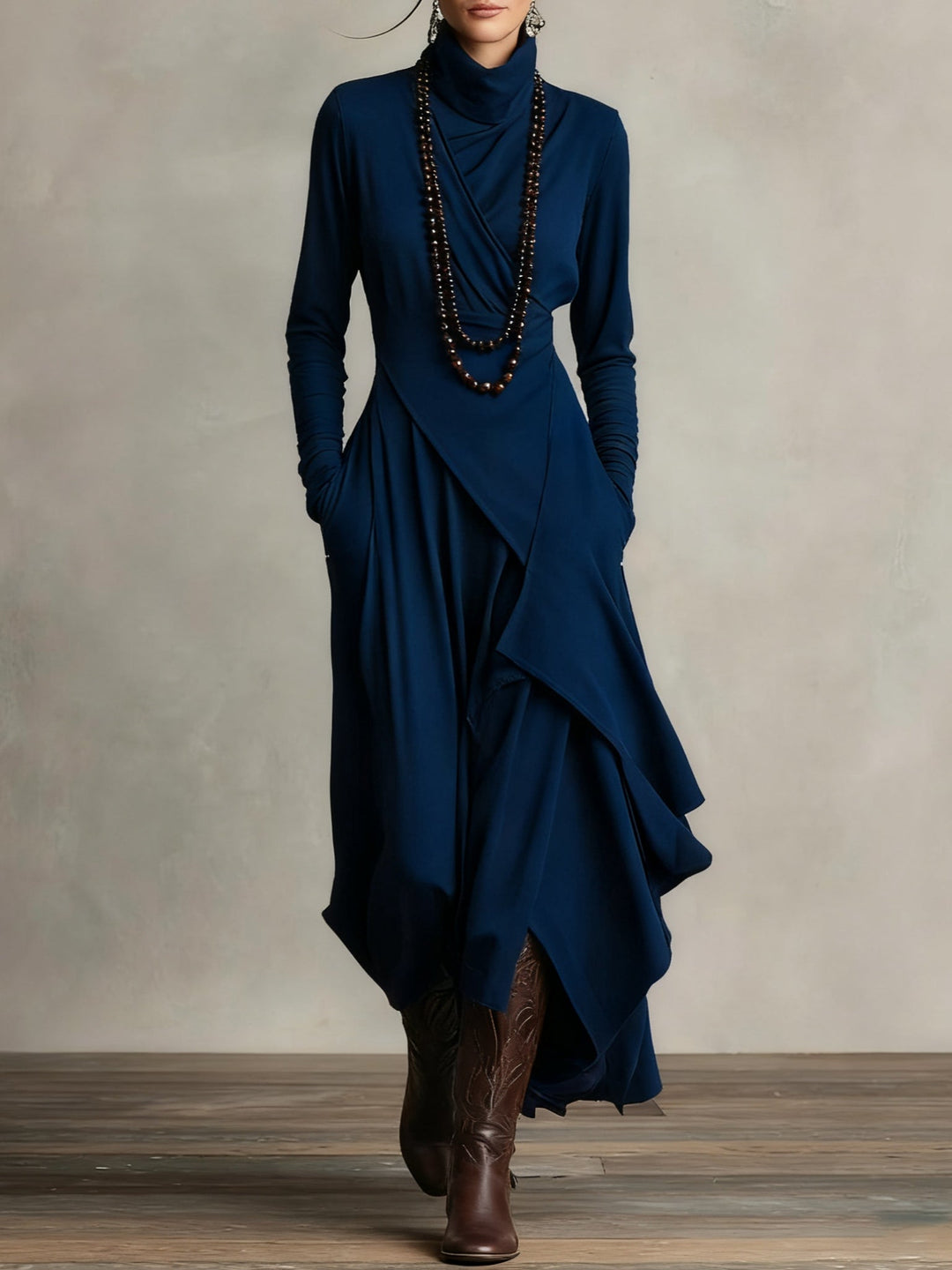 Navy high-neck asymmetric maxi dress with long sleeves and draped wrap front