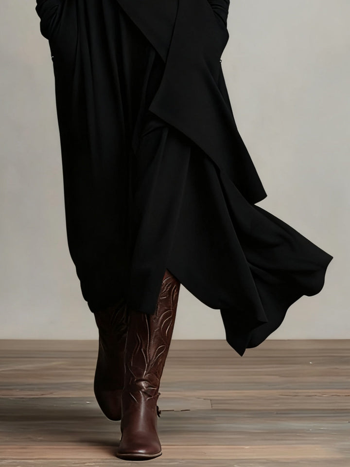 Black high-neck asymmetric maxi dress with draped ruffle hem and long sleeves