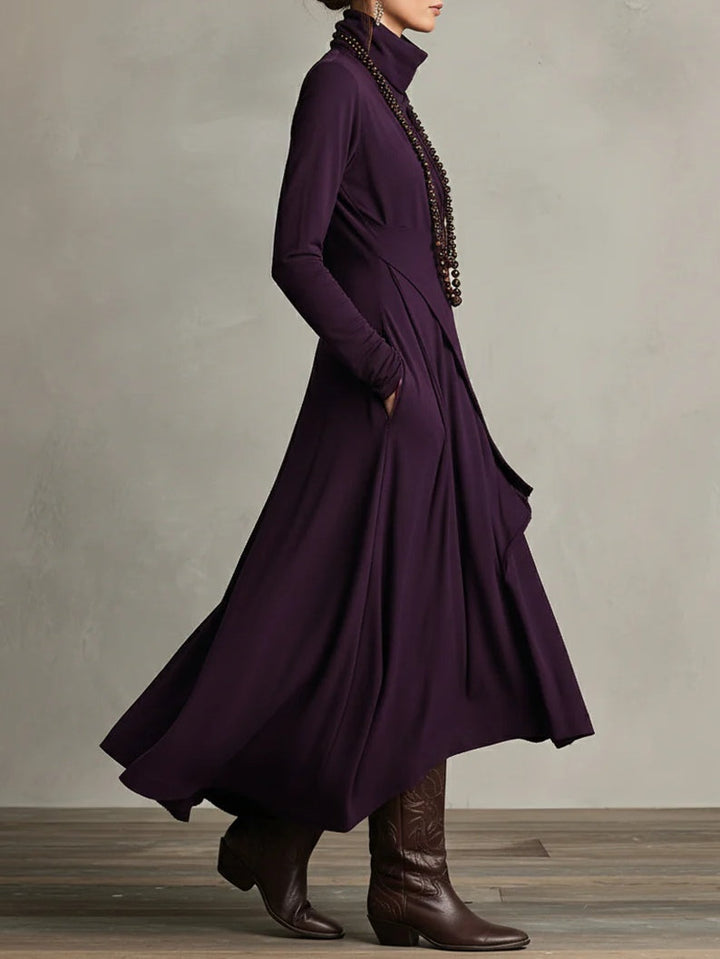 Purple high-neck asymmetric maxi dress with layered drape and long sleeves