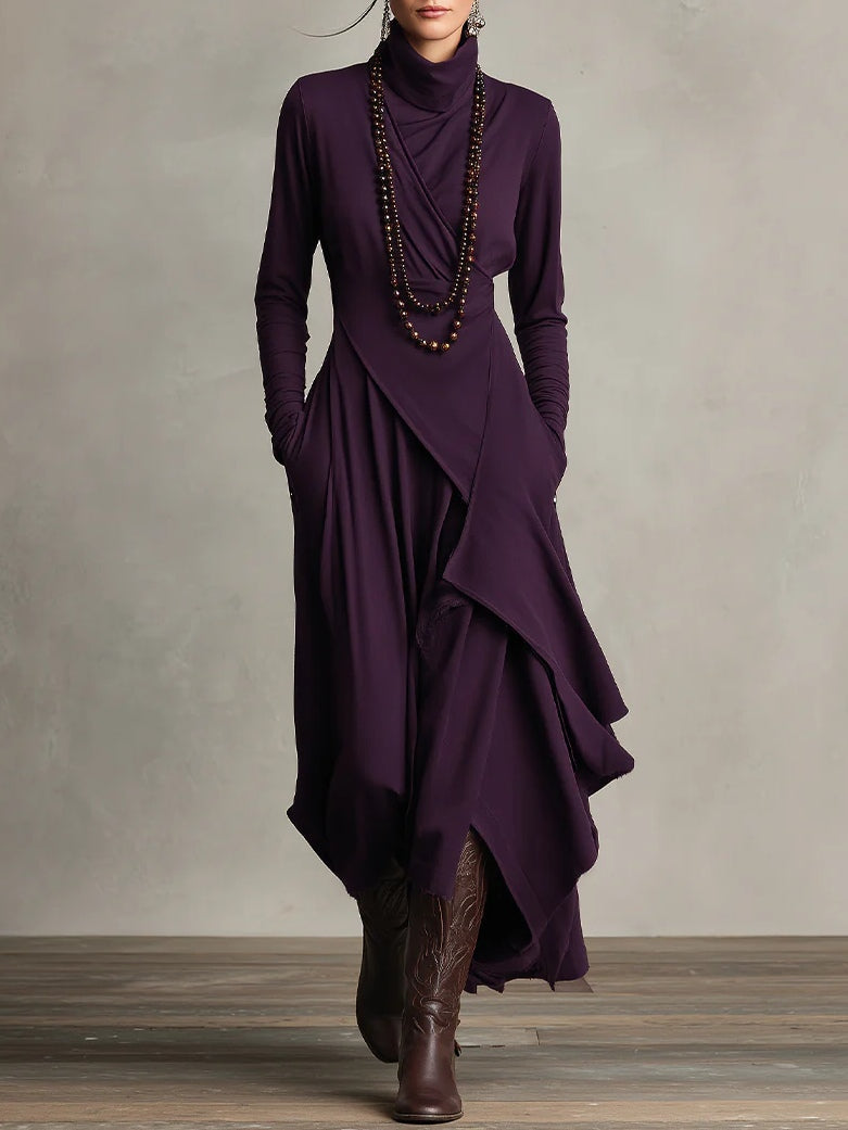 Purple high-neck asymmetric maxi dress with long sleeves and draped wrap front