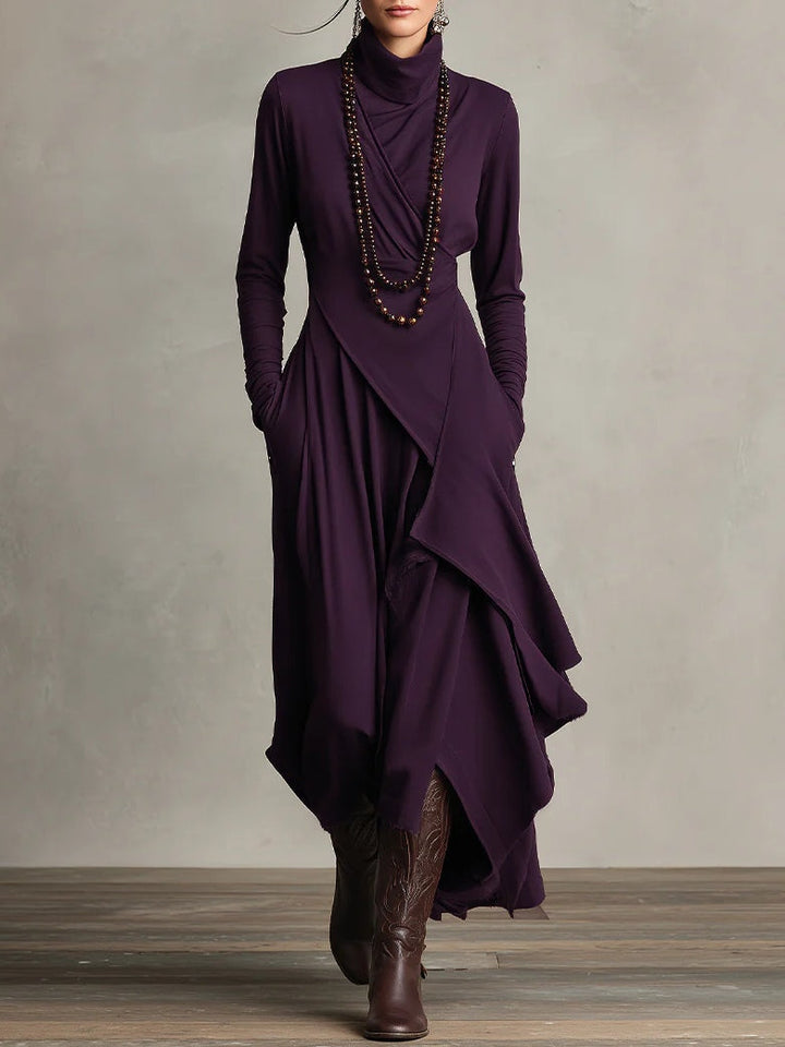 Purple high-neck asymmetric maxi dress with long sleeves and draped wrap front