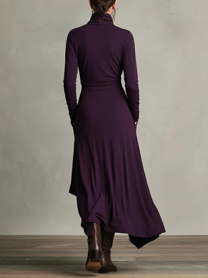 Back view: purple high-neck asymmetric maxi dress with draped A-line skirt