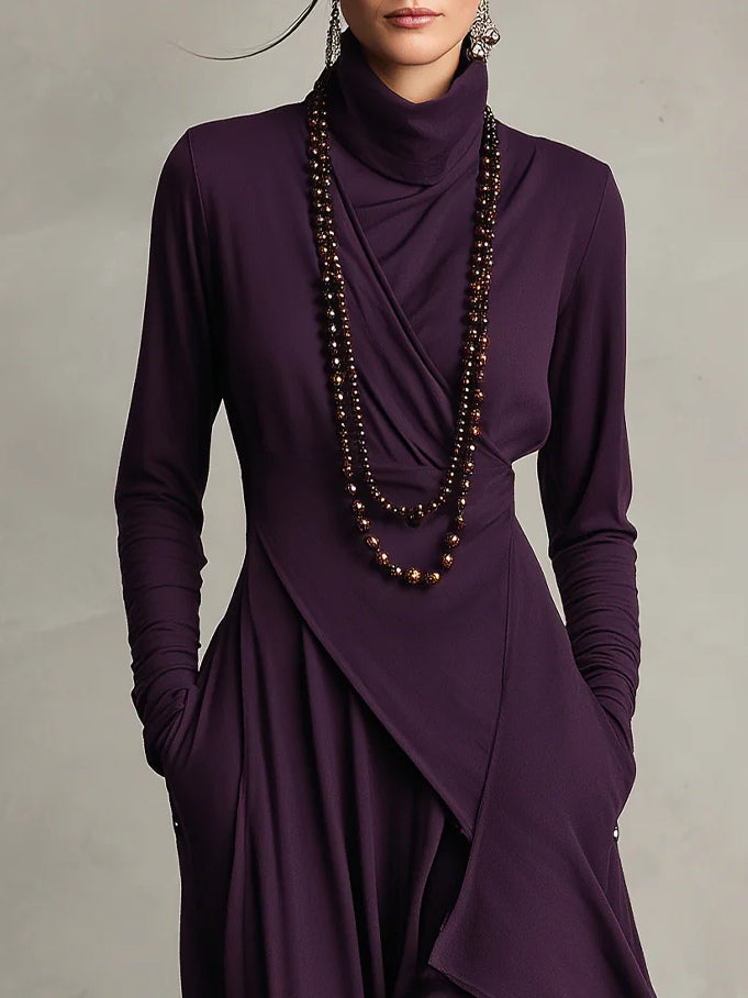 Purple high-neck asymmetric maxi dress with crossover front and long sleeves