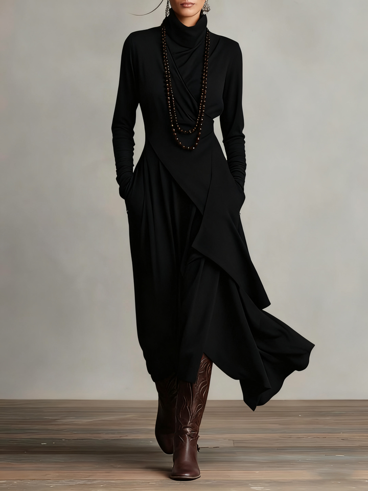 Black high-neck asymmetric maxi dress with long sleeves and draped wrap front