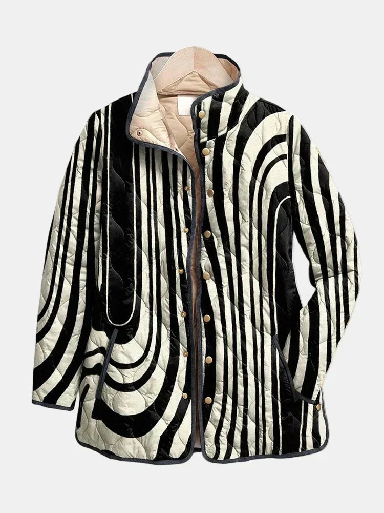 Quilted casual jacket with black-and-white striped print, button front, hood, long sleeves