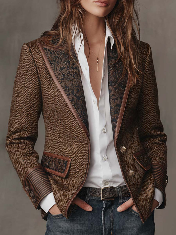 Brown herringbone tweed blazer with dark printed panels and notched lapels