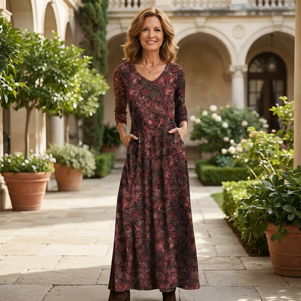 Floral print maxi dress with V-neck and long sleeves, burgundy with dark motifs