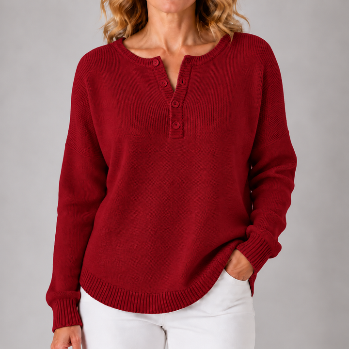 Red classic button knit sweater with henley placket and ribbed cuffs