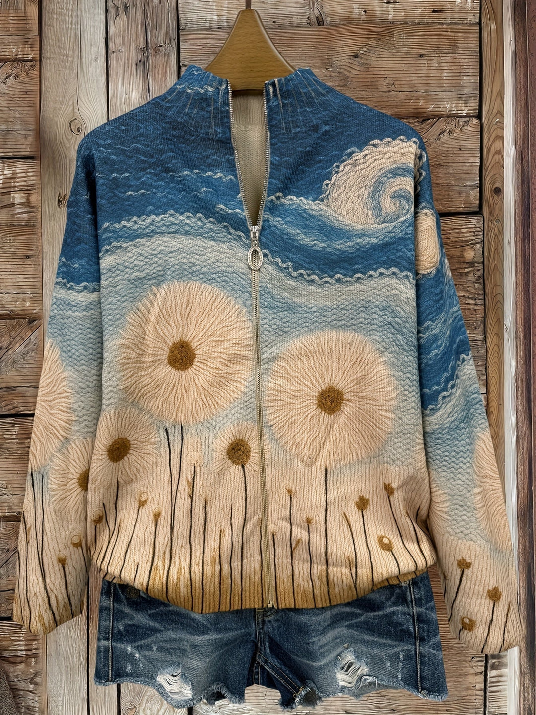 Zayla™ dandelion-art zip cardigan, full front with blue-and-tan dandelion graphics