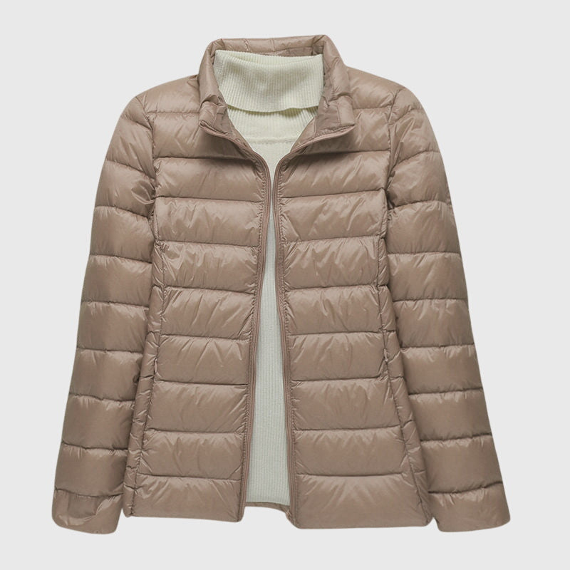 Khaki/beige ultralight puffer jacket, full-zip with stand collar and ribbed knit trim