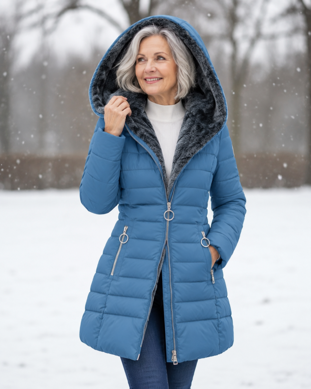 Women's winter coat with hood, blue quilted puffer with dark faux-fur hood lining and zipper.