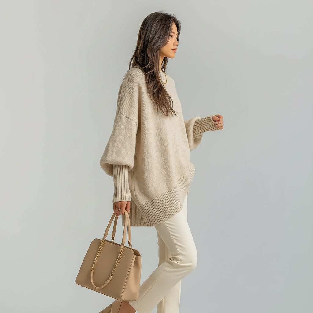 Beige asymmetric draped knit poncho with batwing sleeves and ribbed hem