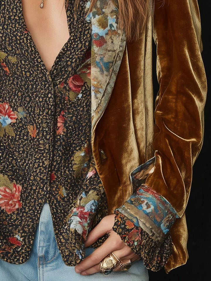 Brown velvet blazer sleeve and hem with blue floral patchwork lining