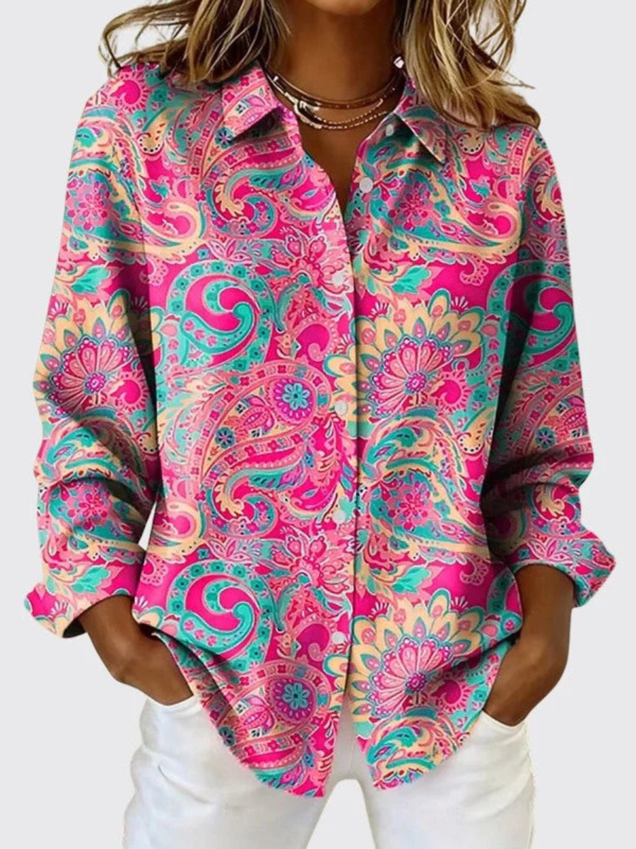 Pink paisley print blouse with button-front V-neck and long sleeves