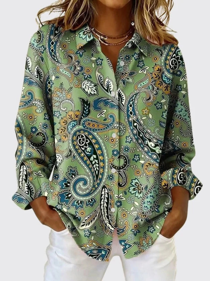 Green paisley print blouse with button-front V-neck and long sleeves