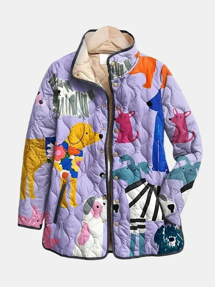 Multicolor dog-print quilted jacket with hood, front buttons and zipper