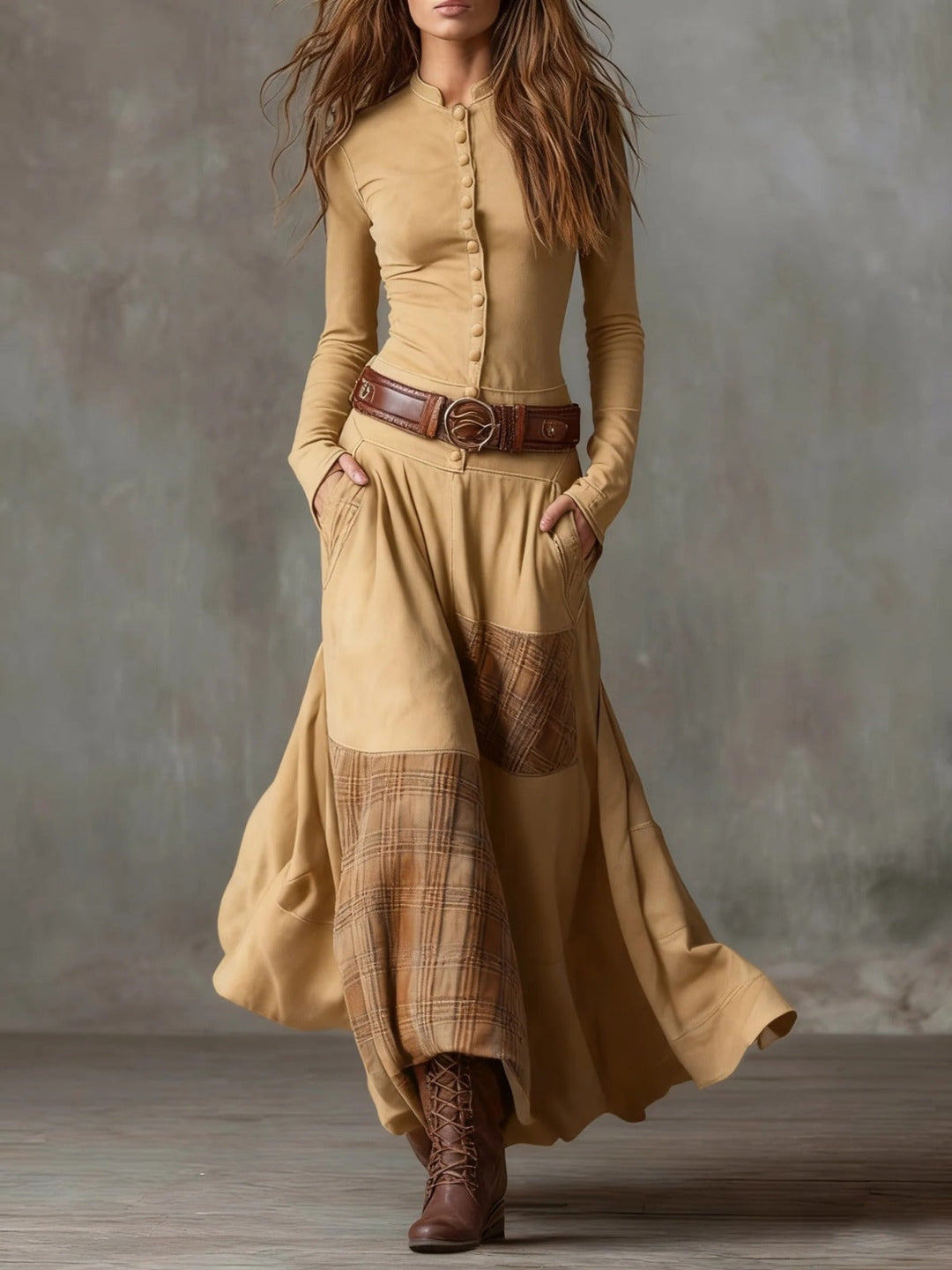 Camel faux suede maxi dress with long sleeves, button front, patchwork plaid skirt panels.
