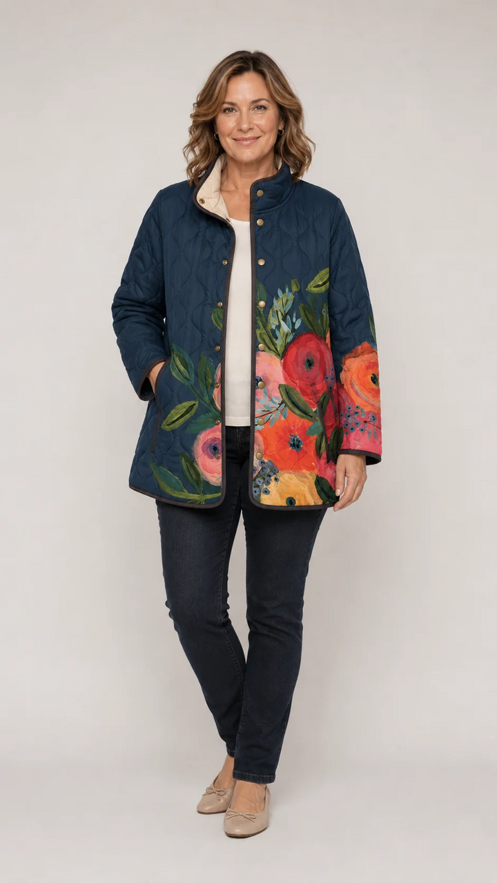 Clara™ quilted floral print jacket in dark blue with rose art and tan lining