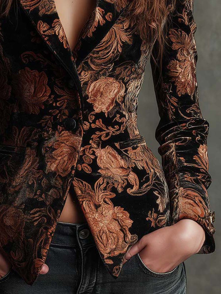 Velvet floral print blazer, black and bronze, fitted waist, button front and sleeve cuffs