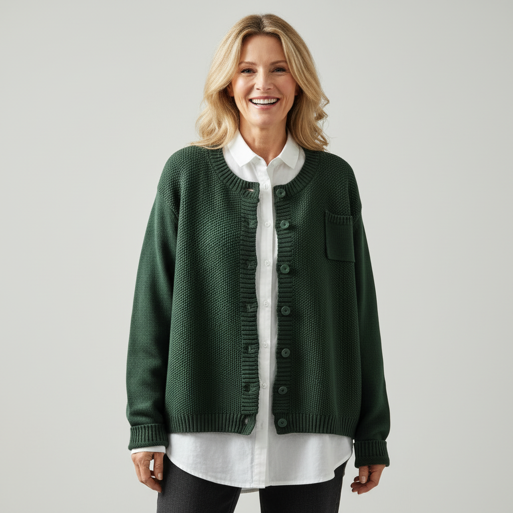 Margriet soft knit cardigan, dark green, button front and side pockets